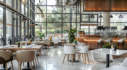 窓の多い飲食店やホテルのレストラン・ロビー